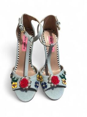 Betsey Johnson Light Blue Floral Jewel T-Strap Heels